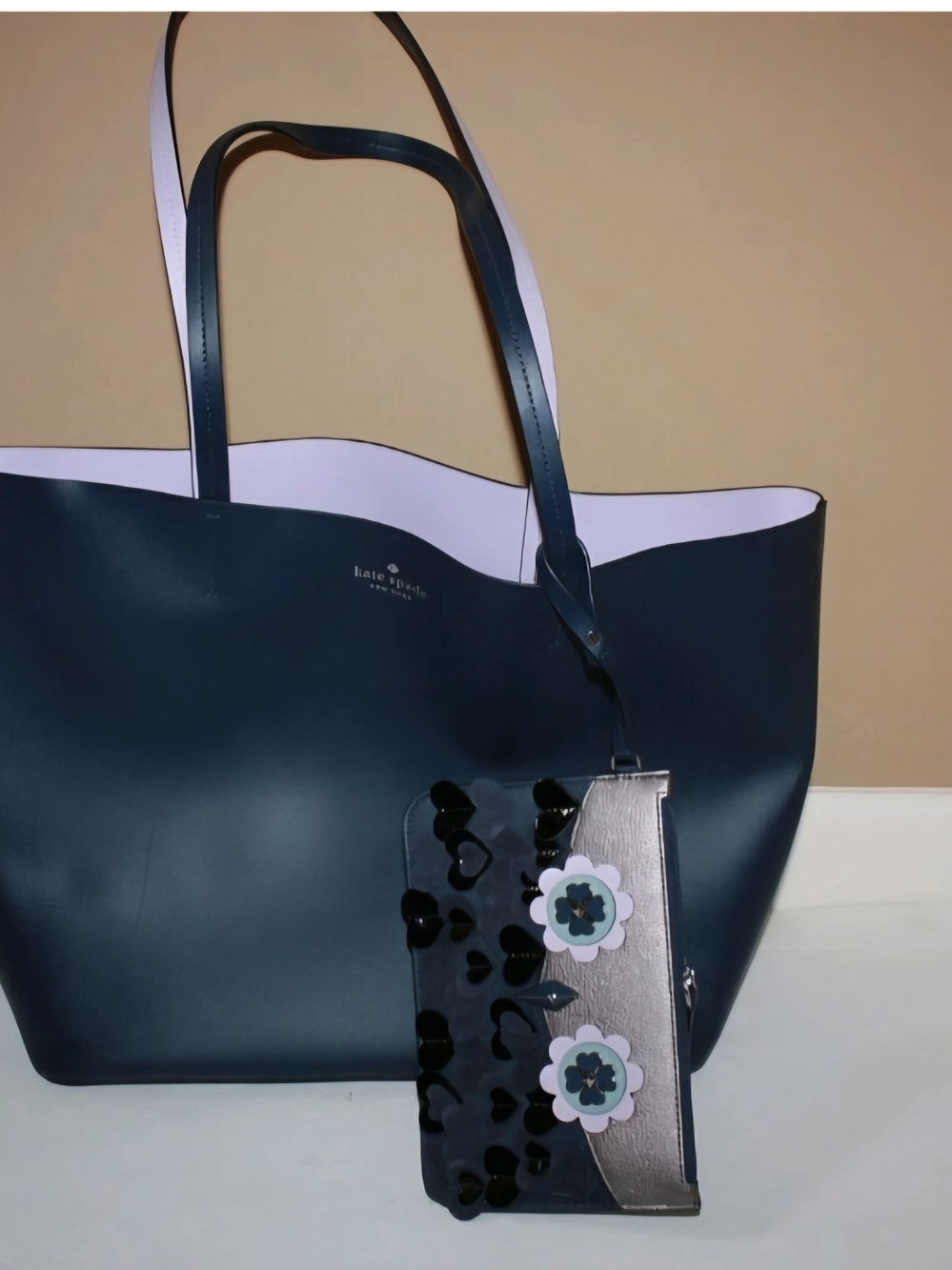 kate spade navy and pale pink reversible tote with floral-accent pouch